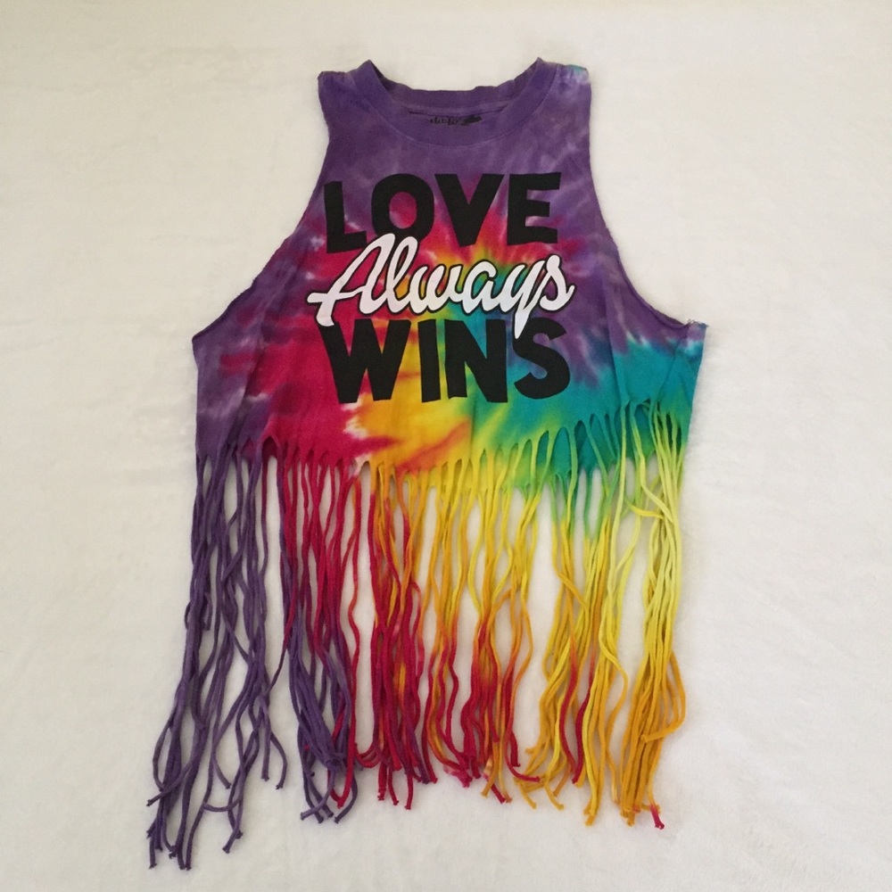Love Always Wins tie dye top with fringe